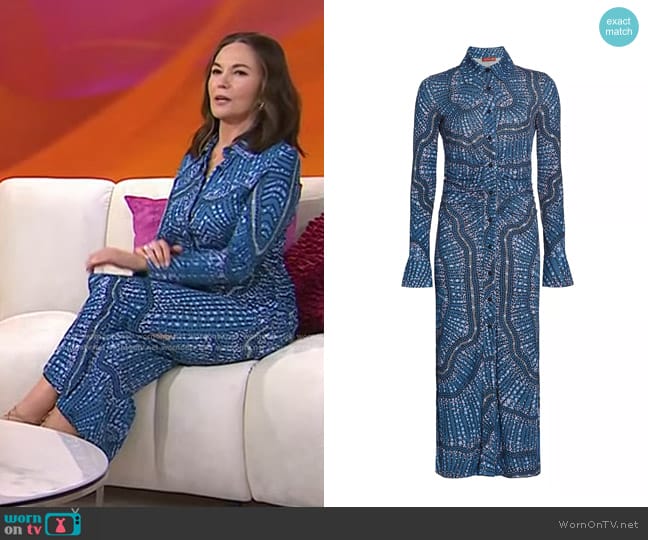 Altuzarra Claudia Printed Button-Front Shirtdress in Heron Blue worn by Diane Lane on Today