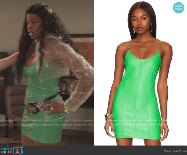 Wickie’s green leather mini dress on Girls5eva