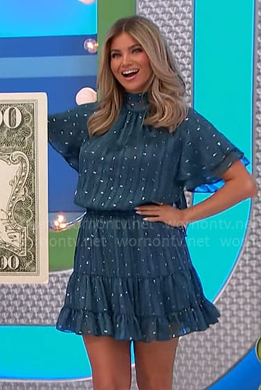 Amber's green dress with metallic dots on The Price is Right