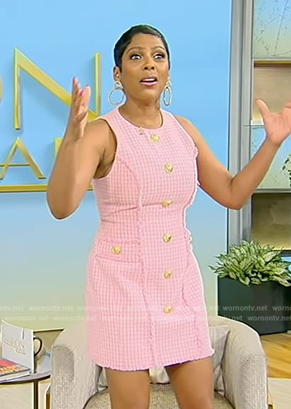 Tamron’s pink tweed mini dress on Tamron Hall Show