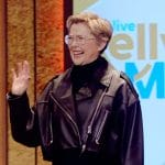 Annette Bening’s black cropped leather jacket on Live with Kelly and Mark