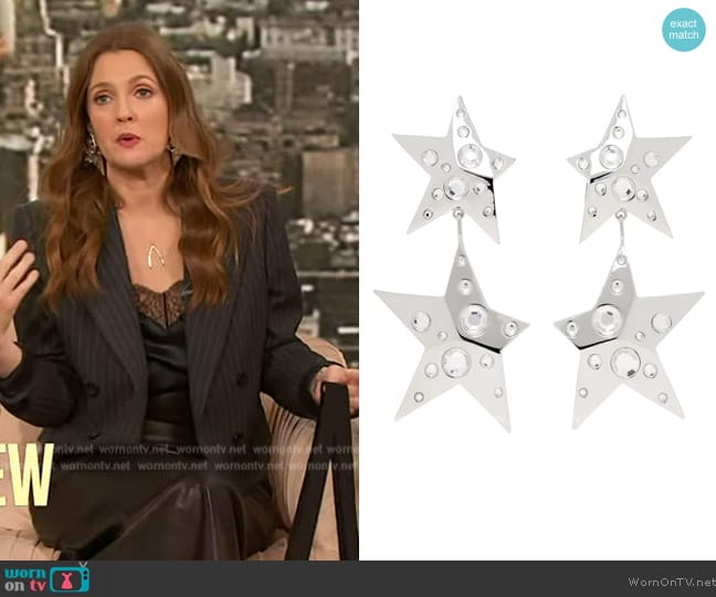 Area Silver Crystal Star Drop Earrings worn by Drew Barrymore on The Drew Barrymore Show