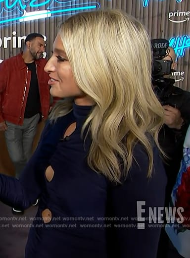 Ashley Bellman’s blue cutout mesh dress on E! News