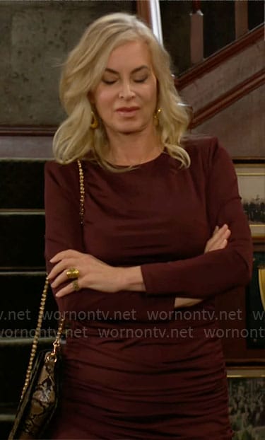 Ashley’s burgundy ruched longsleeve dress on The Young and the Restless