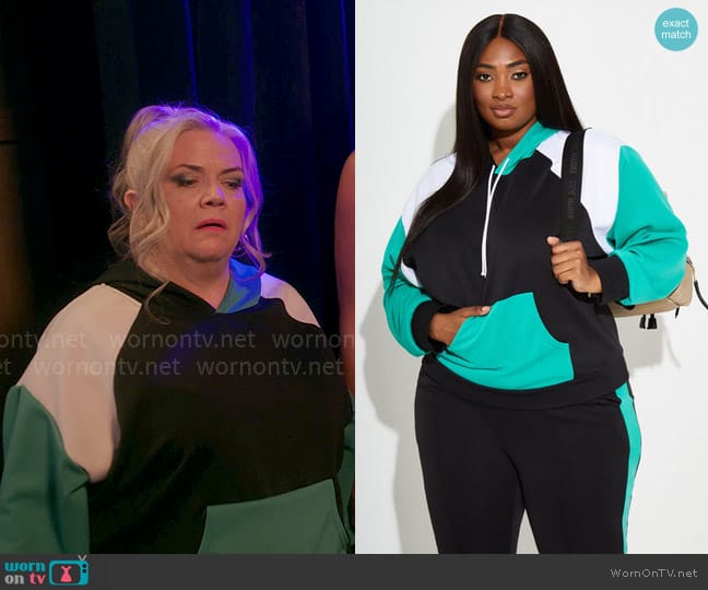 Ashley Stewart Colorblock Stretch Knit Hoodie worn by Gloria McManus (Paula Pell) on Girls5eva