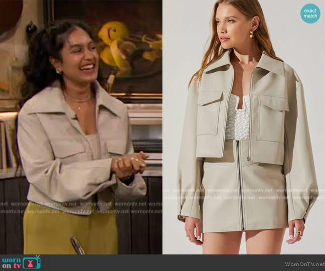 ASTR the Label Tracy Faux Leather Cropped Cargo Jacket worn by Radi Devlukia-Shetty on The Drew Barrymore Show