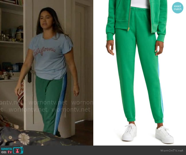 Aviator Nation Stripe Sweatpants in Kelly Green / Blue worn by Nell Serrano (Gina Rodriguez) on Not Dead Yet