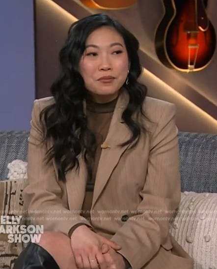 Awkwafina's beige pinstripe blazer and skort on The Kelly Clarkson Show