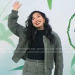 Awkwafina’s green quilted bomber jacket and zip front mini skirt on Today