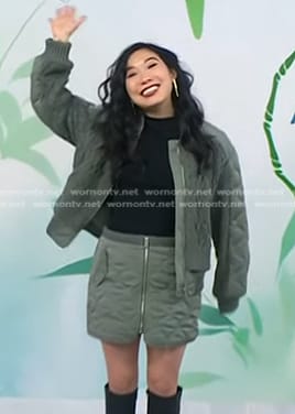 Awkwafina’s green quilted bomber jacket and zip front mini skirt on Today