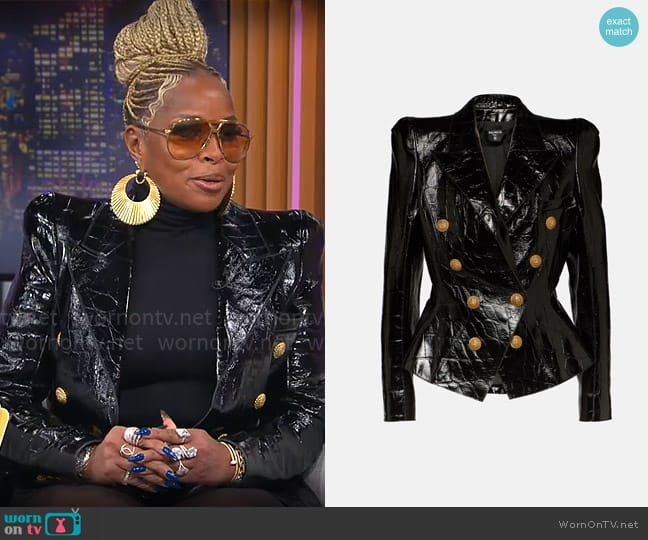 Balmain Croc-effect leather blazer worn by Mary J Blige on CBS Mornings