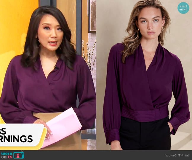 Banana Republic Pleated Wrap Blouse worn by Nancy Chen on CBS Mornings