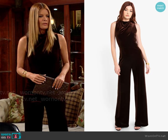 Black Halo Corrine Jumpsuit in Fawn worn by Phyllis Summers (Michelle Stafford) on The Young and the Restless