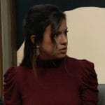 Blaze’s burgundy puff sleeve top and leather skirt on General Hospital