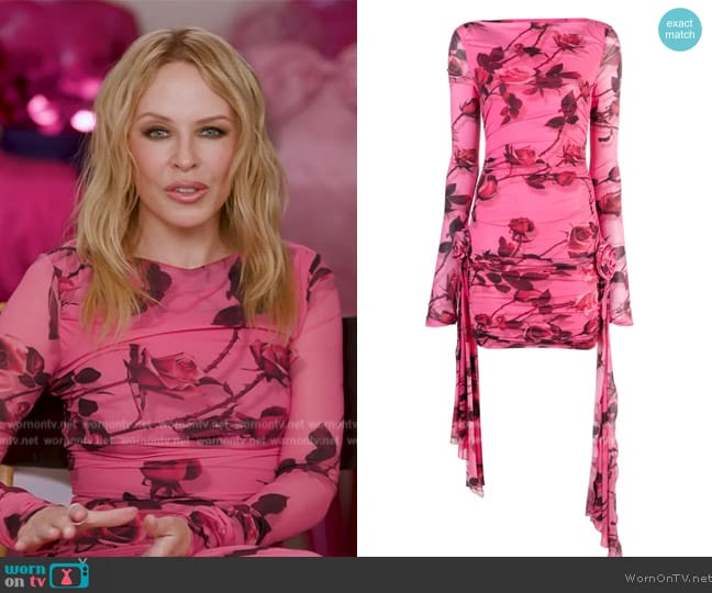 Blumarine Rose-print bodycon minidress worn by Kylie Minogue on Access Hollywood