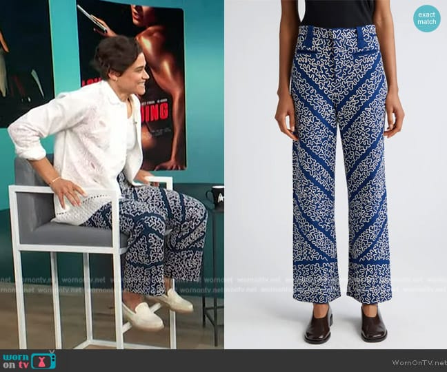 Bode Bombora Couching Embroidered Wool Blend Wide Leg Trousers worn by Katy M. O'Brian on Access Hollywood