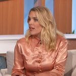 Busy Phillips’ plaid skirt and pink satin blouse on The Talk