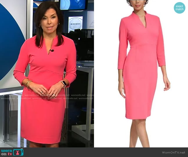 Calvin Klein 3/4-Sleeve V-Neck Sheath Dress in Pink worn by Meg Oliver on CBS Evening News