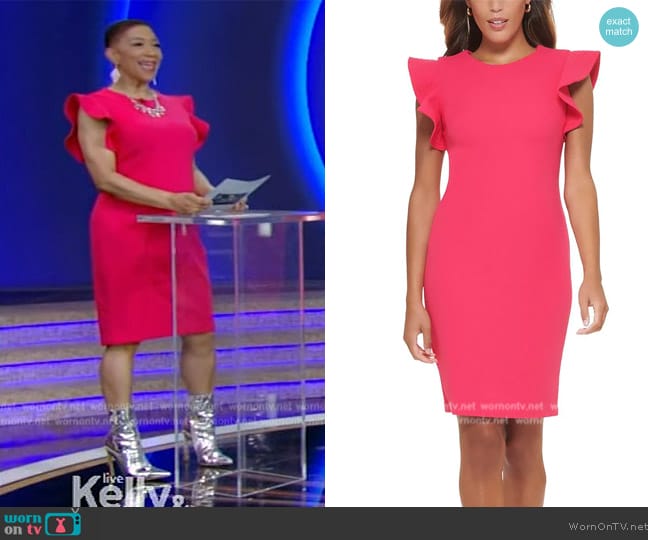 Calvin Klein Ruffle Shoulder Sheath Dress worn by Deja Vu on Live with Kelly and Mark