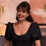 Carla Gugino's black sequin stripe dress on The Drew Barrymore Show