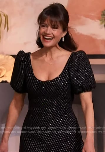 Carla Gugino's black sequin stripe dress on The Drew Barrymore Show