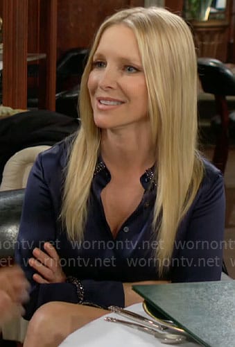 Christine’s navy blue embellished button down blouse on The Young and the Restless