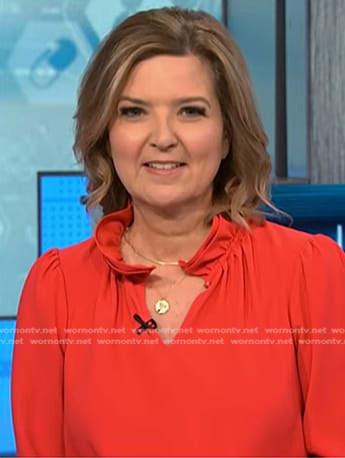 Christine Roman's red ruffle neck top on NBC News Daily