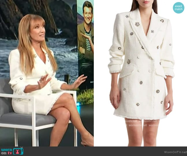 Cinq a Sept Joel Charm Detail Bouclé Blazer Minidress worn by Jane Seymore on Access Hollywood