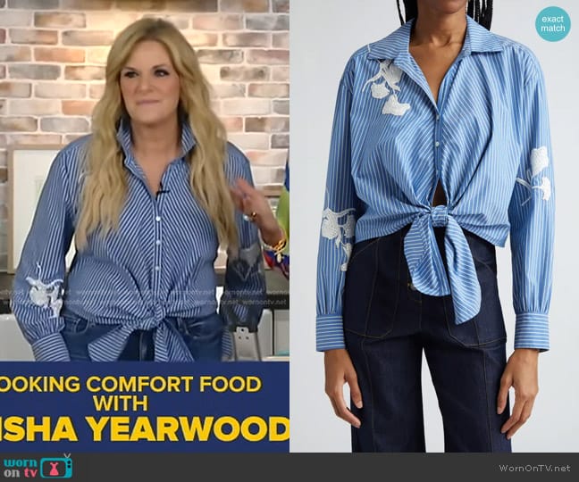 Cinq a Sept Lya Beaded Floral Stripe Cotton Blend Shirt in Oxford Blue worn by Trisha Yearwood on Good Morning America