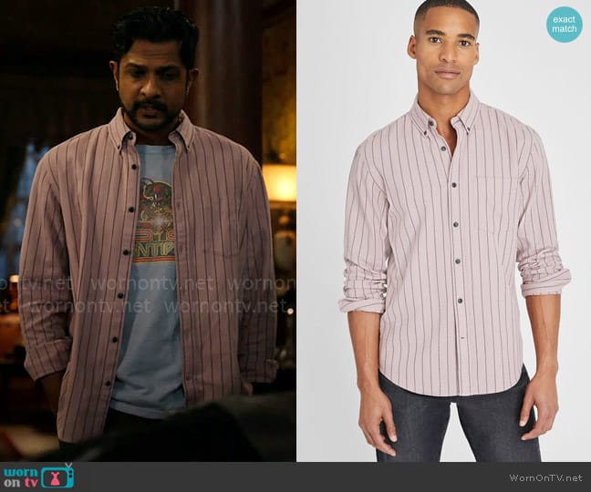 Club Monaco Standard Striped Jaspé Crepe Shirt worn by Jay (Utkarsh Ambudkar) on Ghosts