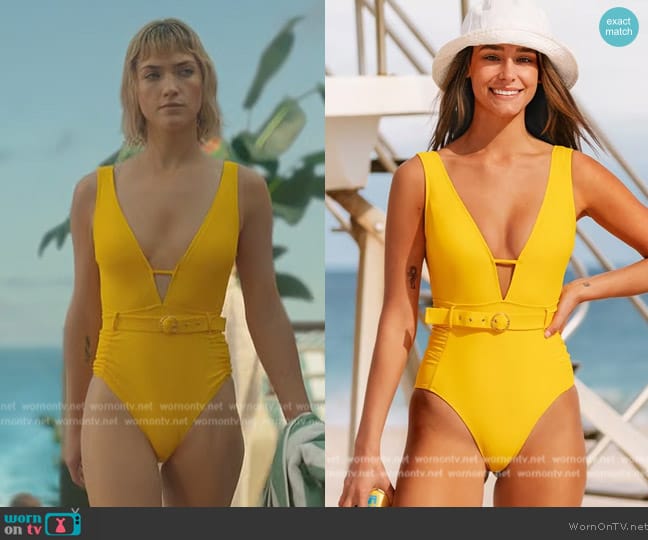 Cupshe Amanda Yellow Plunge Neck Belted One Piece Swimsuit worn by Imogene (Violett Beane) on Death and Other Details