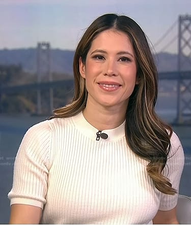 Deirdre’s white ribbed short sleeve top on NBC News Daily