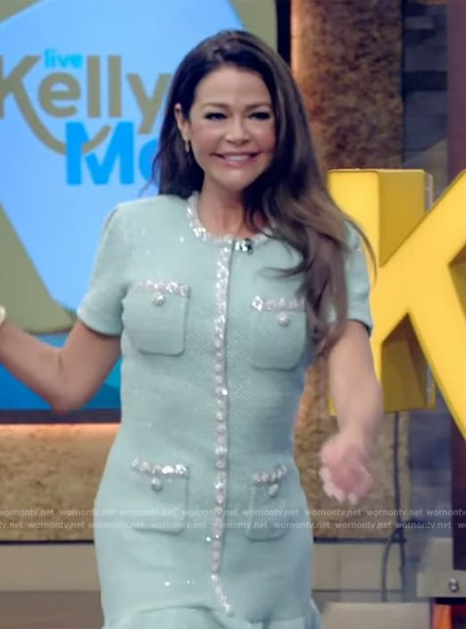 Denise Richards' light blue tweed embellished dress on Live with Kelly and Mark