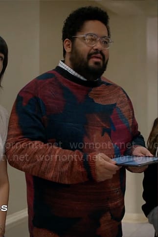 Dennis' abstract multi color sweater on Not Dead Yet