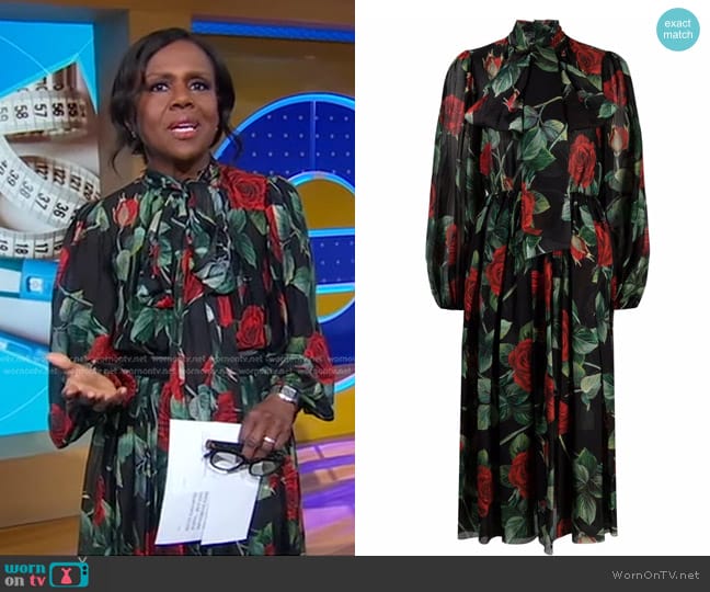 Dolce & Gabbana Rose Print flared Chiffon Dress worn by Deborah Roberts on Good Morning America