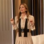 Drew’s’s beige contrast tie neck blouse on The Drew Barrymore Show