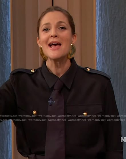 Drew’s navy epaulette shirt on The Drew Barrymore Show