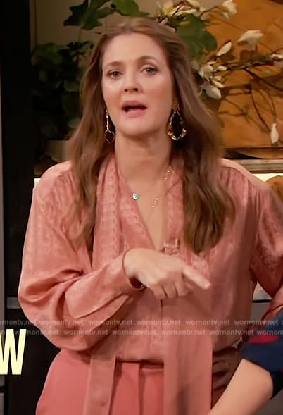 Drew's pink tie neck blouse on The Drew Barrymore Show