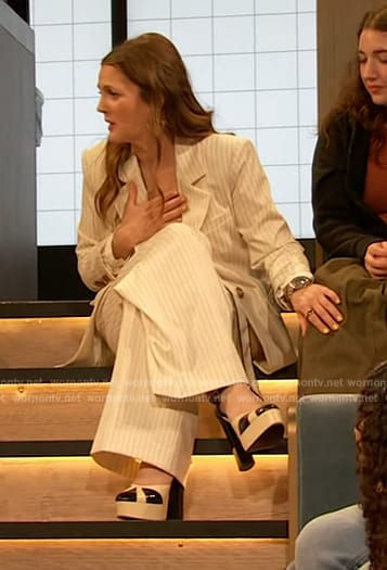 Drew's white tie neck blouse and pinstripe blazer on The Drew Barrymore Show