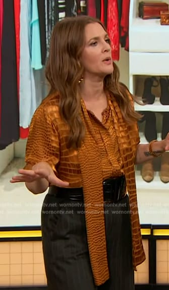 Drew's orange crock skin satin blouse on The Drew Barrymore Show