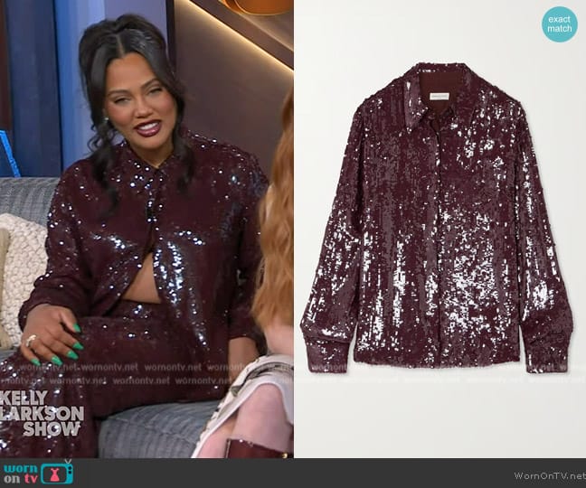 Dries Van Noten Sequined crepe shirt worn by Ayesha Curry on The Kelly Clarkson Show