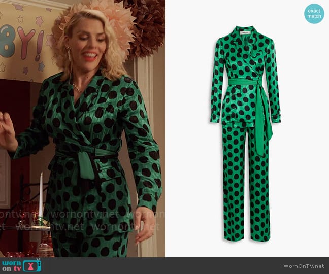 Diane von Furstenberg Clyde wrap-effect polka-dot satin-jacquard wide-leg jumpsuit worn by Summer Dutkowsky (Busy Philipps) on Girls5eva