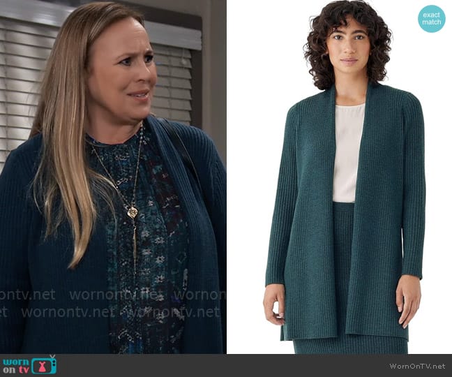 Eileen Fisher Merino High Collar Cardigan in Regenerative Wool worn by Laura Collins (Genie Francis) on General Hospital