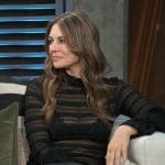 Elizabeth Hurley’s black lace sweatshirt on Access Hollywood