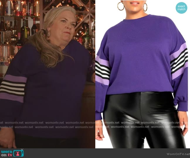 Eloquii Dramatic Puff Sleeve Sweatshirt With Stripe Detail worn by Gloria McManus (Paula Pell) on Girls5eva