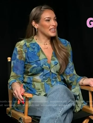 Emily Orozco’s blue floral print ruffle blouse on Access Hollywood