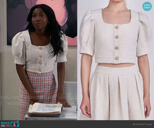 Endless Rose Cropped Tweed Puff Sleeve Top worn by Trina Robinson (Tabyana Ali) on General Hospital