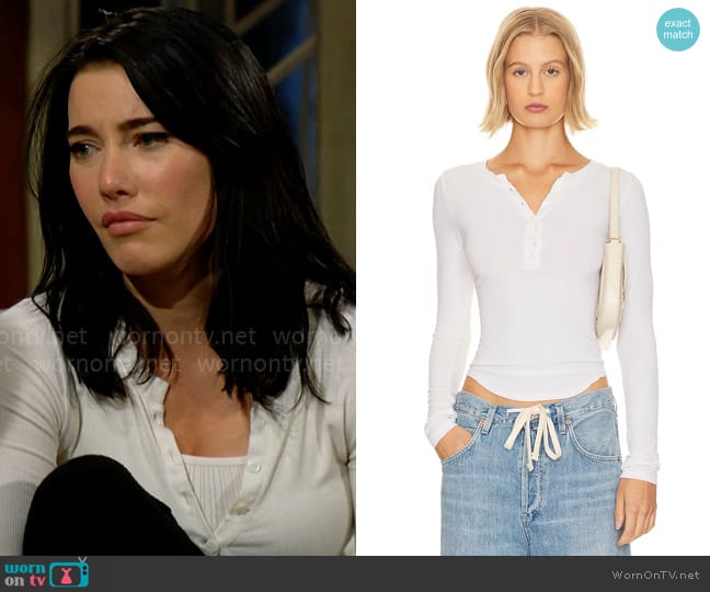 Enza Costa Rib Baseball Henley worn by Steffy Forrester (Jacqueline MacInnes Wood) on The Bold and the Beautiful