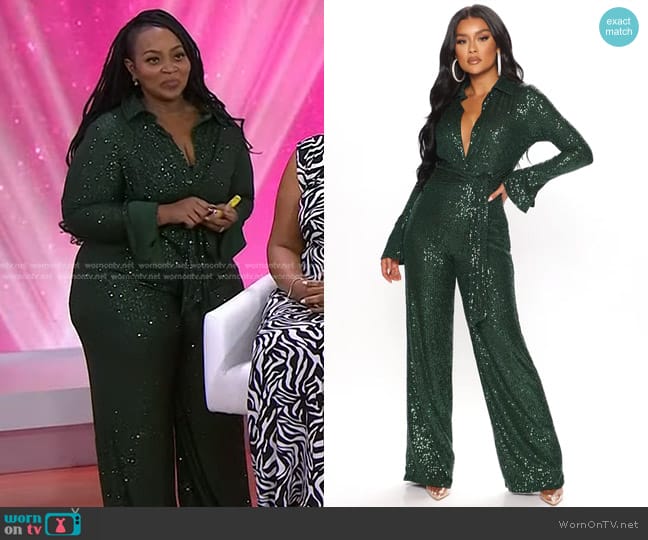 Fashion Nova Stay Classy Sequin Jumpsuit in Hunter worn by Ashunta Sheriff-Kendricks on Today