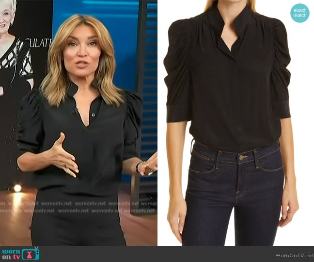 Frame Gillian Silk Collared Puff-Sleeve Top worn by Kit Hoover on Access Hollywood